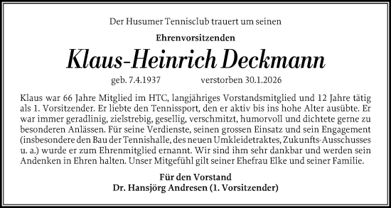 Traueranzeige von Klaus-Heinrich Deckmann von Husumer Nachrichten, Nordfriesland Tageblatt