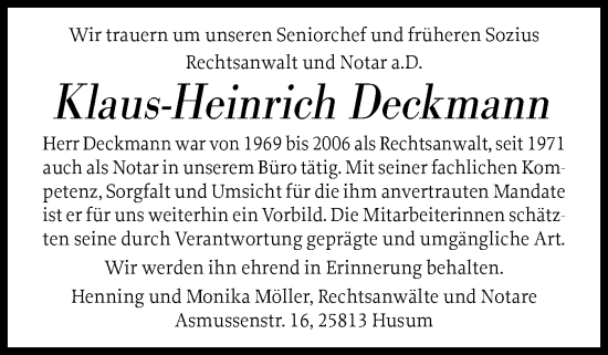 Traueranzeige von Klaus-Heinrich Deckmann von Husumer Nachrichten, Nordfriesland Tageblatt