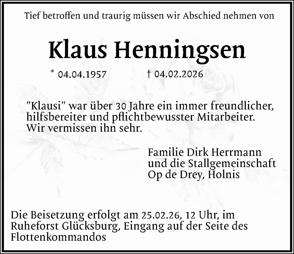  Traueranzeige für Klaus Henningsen vom 21.02.2026 aus Flensburger Tageblatt