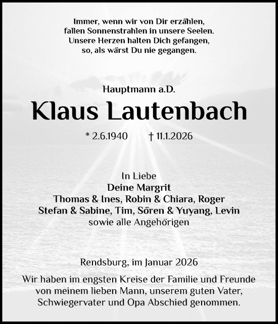 Traueranzeige von Klaus Lautenbach von Schleswig-Holsteinische Landeszeitung