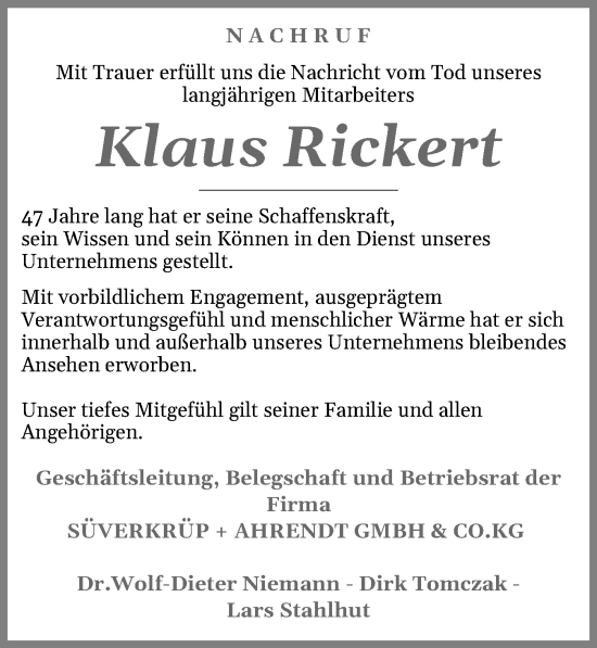 Traueranzeige von Klaus Rickert von Schleswig-Holsteinische Landeszeitung