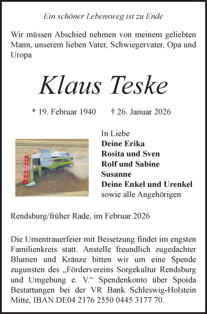  Traueranzeige für Klaus Teske vom 07.02.2026 aus Schleswig-Holsteinische Landeszeitung