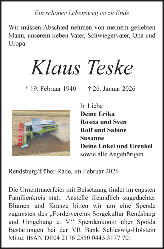 Traueranzeige von Klaus Teske von Schleswig-Holsteinische Landeszeitung
