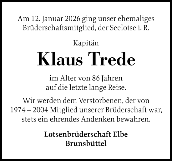 Traueranzeige von Klaus Trede von Norddeutsche Rundschau, Wilstersche Zeitung, Glückstädter Fortuna