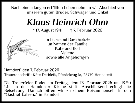 Traueranzeige von Klaus Heinrich Ohm von Schleswig-Holsteinische Landeszeitung