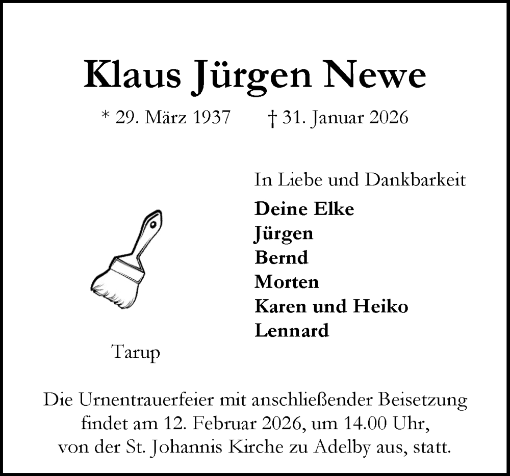  Traueranzeige für Klaus Jürgen Newe vom 07.02.2026 aus Flensburger Tageblatt