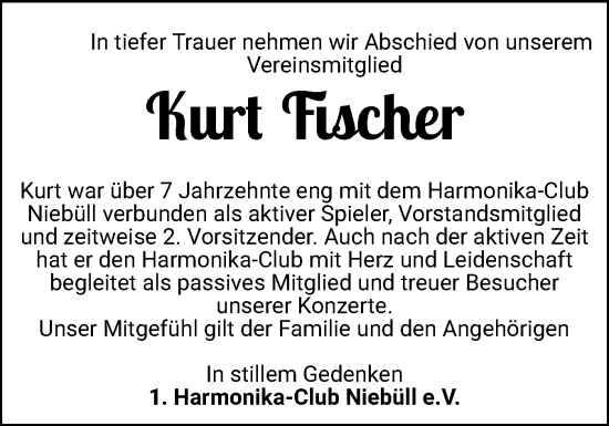 Traueranzeige von Kurt Fischer von Husumer Nachrichten, Nordfriesland Tageblatt