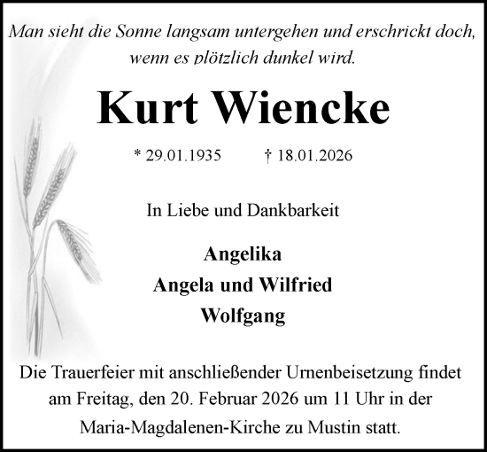 Traueranzeige von Kurt Wiencke von MARKT Ratzeburg/Mölln