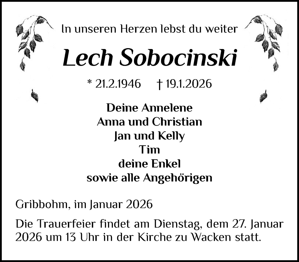  Traueranzeige für Lech Sobocinski vom 24.01.2026 aus Norddeutsche Rundschau, Wilstersche Zeitung, Glückstädter Fortuna