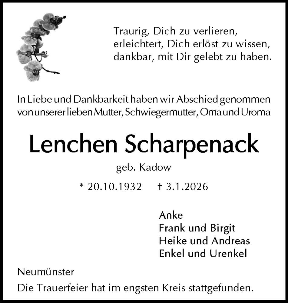  Traueranzeige für Lenchen Scharpenack vom 24.01.2026 aus Holsteinischer Courier