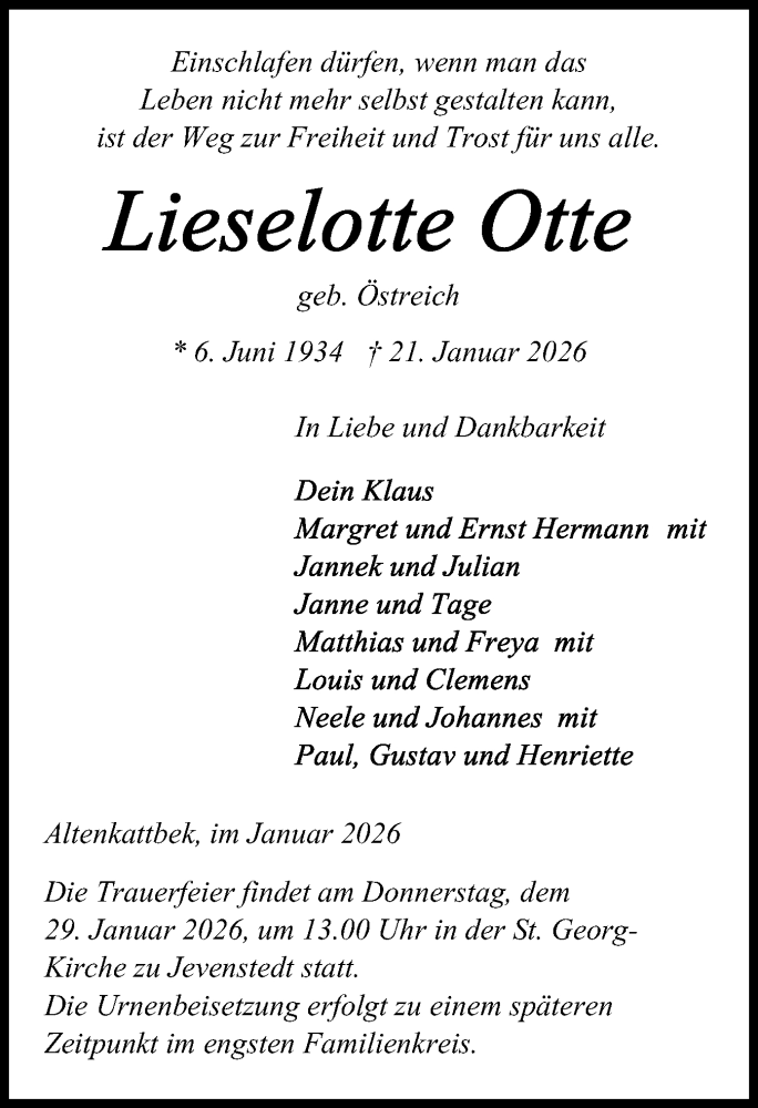  Traueranzeige für Lieselotte Otte vom 24.01.2026 aus Schleswig-Holsteinische Landeszeitung