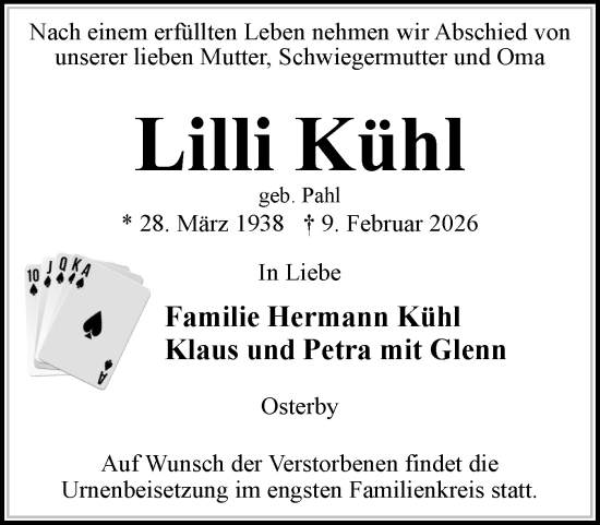 Traueranzeige von Lilli Kühl von Eckernförder Zeitung, Hallo Eckernförde