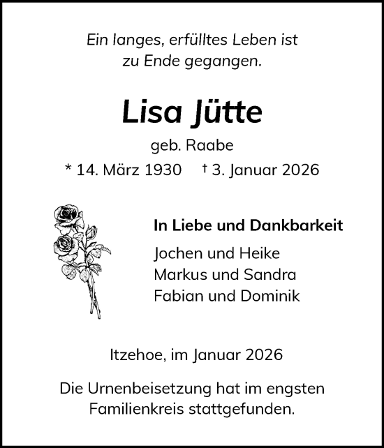 Traueranzeige von Lisa Jütte von Norddeutsche Rundschau, Wilstersche Zeitung, Glückstädter Fortuna