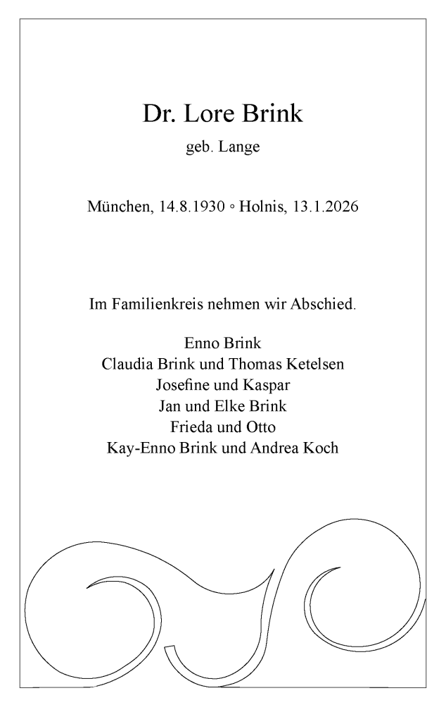  Traueranzeige für Lore Brink vom 24.01.2026 aus Flensburger Tageblatt