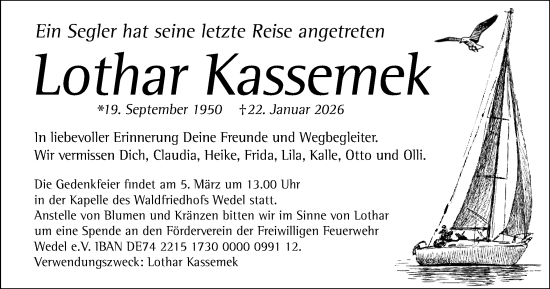 Traueranzeige von Lothar Kassemek von Wedel-Schulauer Tageblatt, tip Wedel-Schulauer Tageblatt, tip Rissener Rundschau