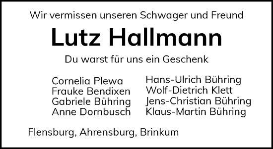 Traueranzeige von Lutz Hallmann von Norddeutsche Rundschau, Wilstersche Zeitung, Glückstädter Fortuna