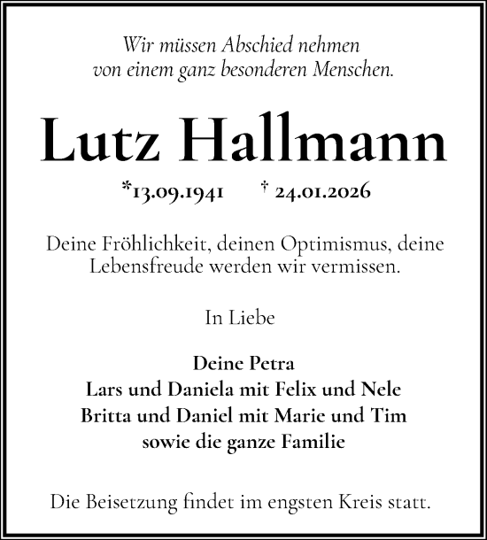 Traueranzeige von Lutz Hallmann von Norddeutsche Rundschau, Wilstersche Zeitung, Glückstädter Fortuna