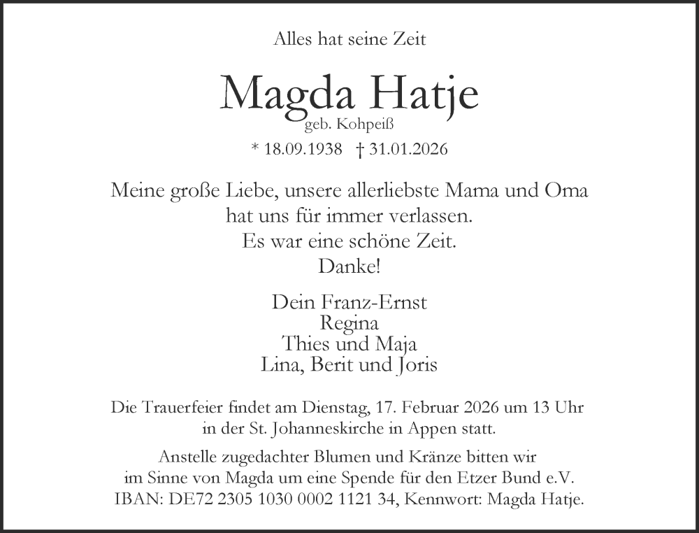  Traueranzeige für Magda Hatje vom 07.02.2026 aus Region Pinneberg und tip Pinneberg
