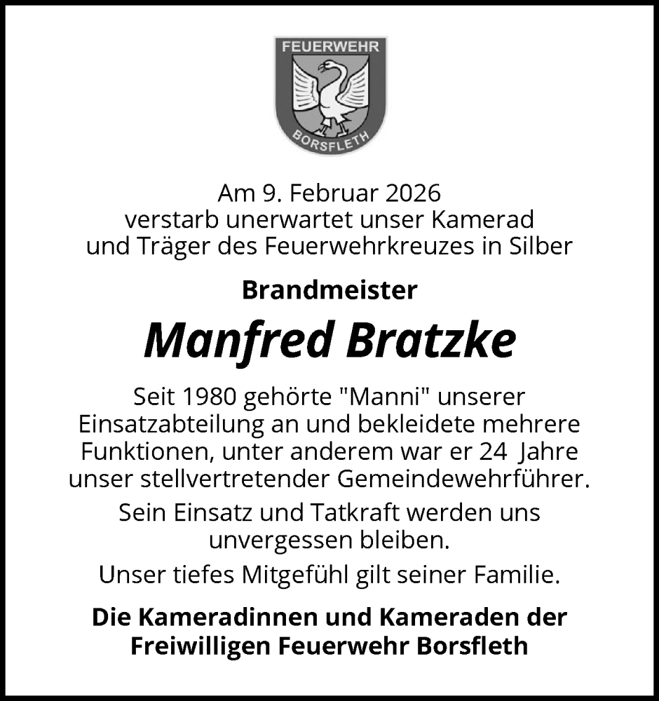  Traueranzeige für Manfred Bratzke vom 21.02.2026 aus Norddeutsche Rundschau, Wilstersche Zeitung, Glückstädter Fortuna
