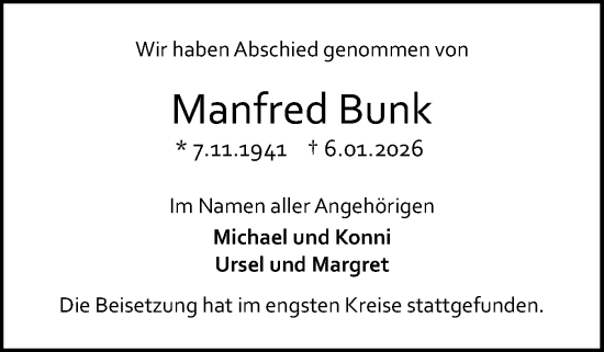 Traueranzeige von Manfred Bunk von Elmshorner Nachrichten, Barmstedter Zeitung