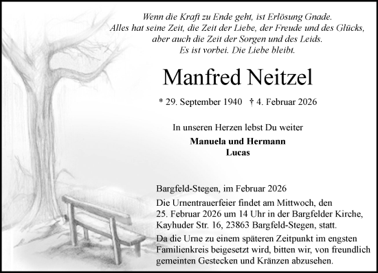 Traueranzeige von Manfred Neitzel von MARKT Ahrensburg/Bargteheide/Trittau und Stormarner Tageblatt