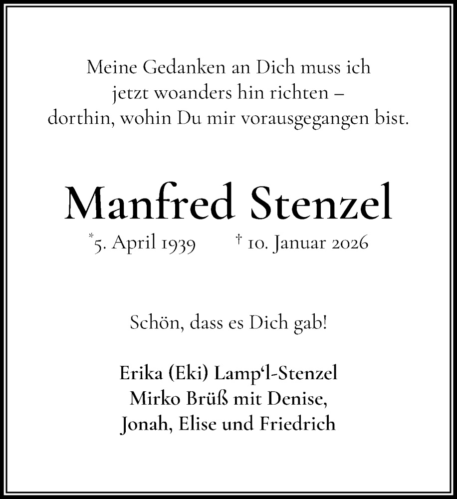  Traueranzeige für Manfred Stenzel vom 24.01.2026 aus MARKT Ahrensburg/Bargteheide/Trittau und Stormarner Tageblatt