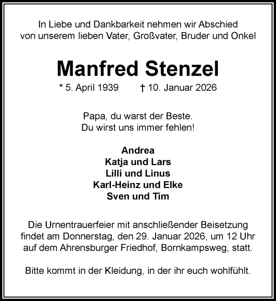 Traueranzeige von Manfred Stenzel von MARKT Ahrensburg/Bargteheide/Trittau und Stormarner Tageblatt