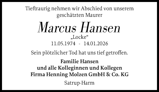 Traueranzeige von Marcus Hansen 
