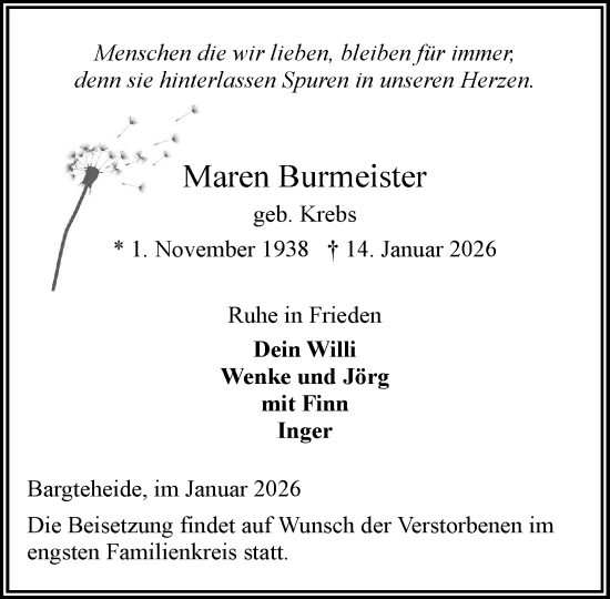 Traueranzeige von Maren Burmeister von MARKT Ahrensburg/Bargteheide/Trittau und Stormarner Tageblatt