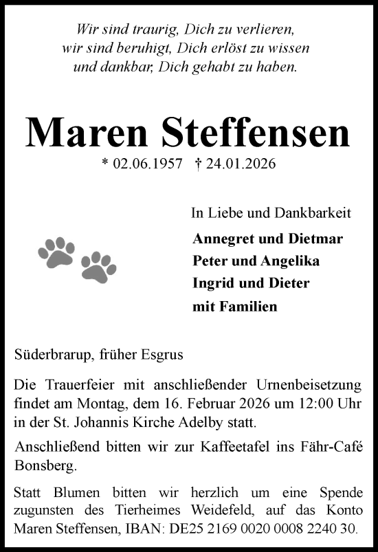 Traueranzeige von Maren Steffensen von Flensburger Tageblatt