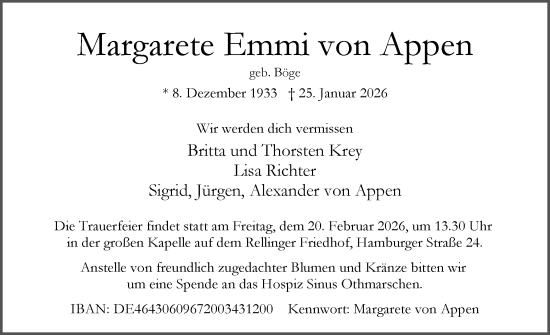 Traueranzeige von Margarete Emmi von Appen von Elmshorner Nachrichten, Barmstedter Zeitung