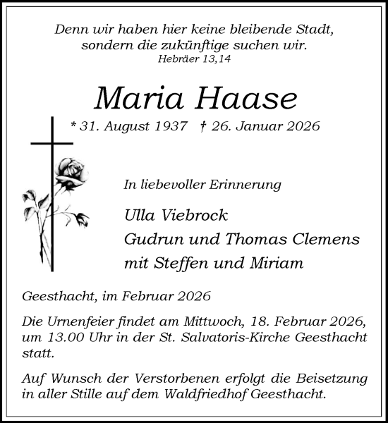 Traueranzeige von Maria Haase von Wochenend Anzeiger