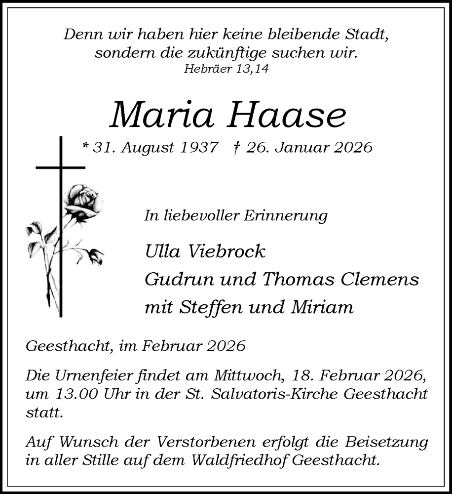  Traueranzeige für Maria Haase vom 07.02.2026 aus Wochenend Anzeiger