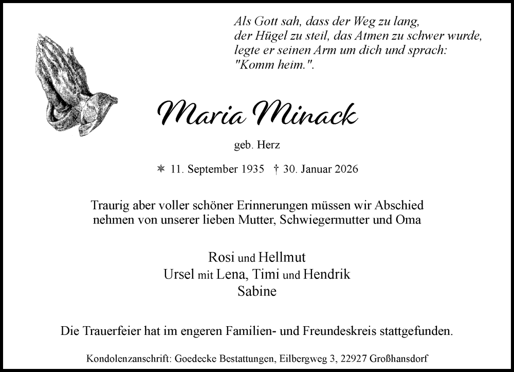  Traueranzeige für Maria Minack vom 14.02.2026 aus MARKT Ahrensburg/Bargteheide/Trittau und Stormarner Tageblatt
