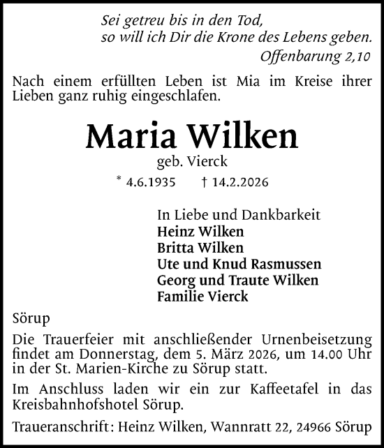 Traueranzeige von Maria Wilken von Flensburger Tageblatt