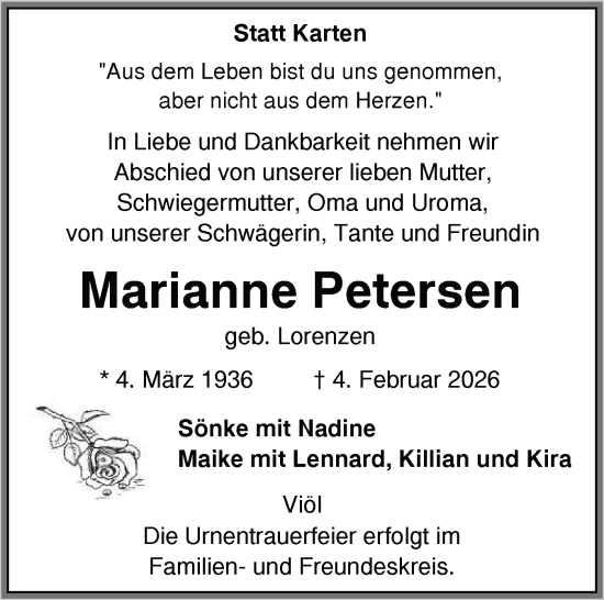 Traueranzeige von Marianne Petersen von Husumer Nachrichten, Nordfriesland Tageblatt