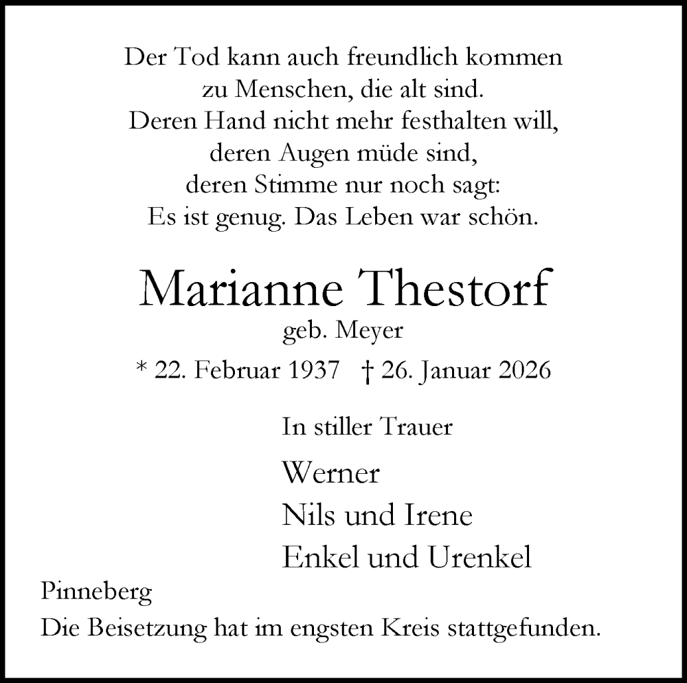 Traueranzeige für Marianne Thestorf vom 14.02.2026 aus Elmshorner Nachrichten, Barmstedter Zeitung