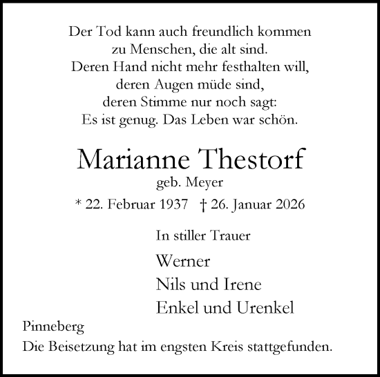 Traueranzeige von Marianne Thestorf von Elmshorner Nachrichten, Barmstedter Zeitung