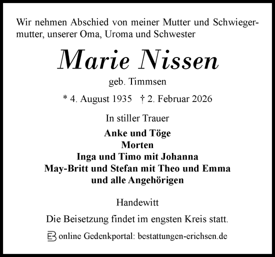 Traueranzeige von Marie Nissen von Flensburger Tageblatt