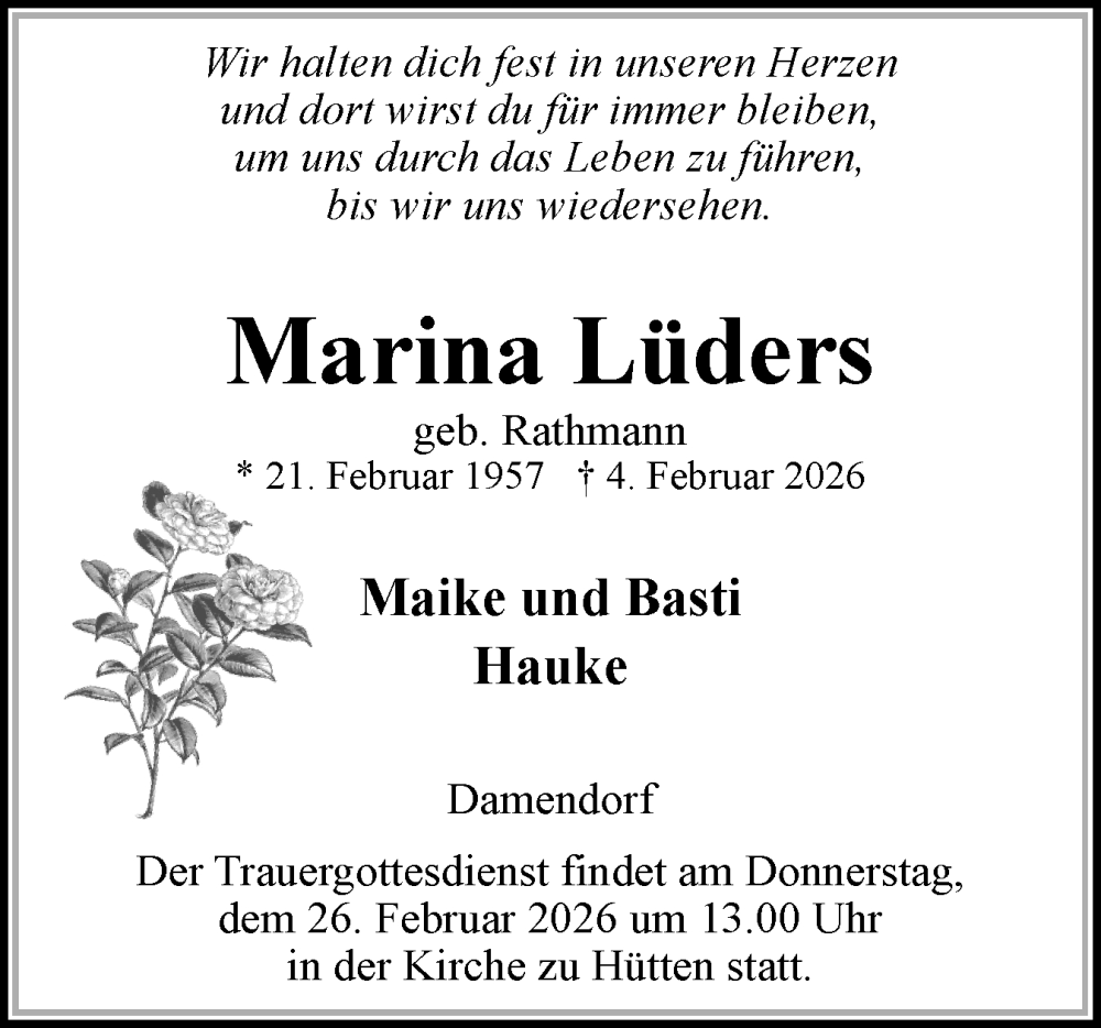  Traueranzeige für Marina Lüders vom 14.02.2026 aus Eckernförder Zeitung, Hallo Eckernförde
