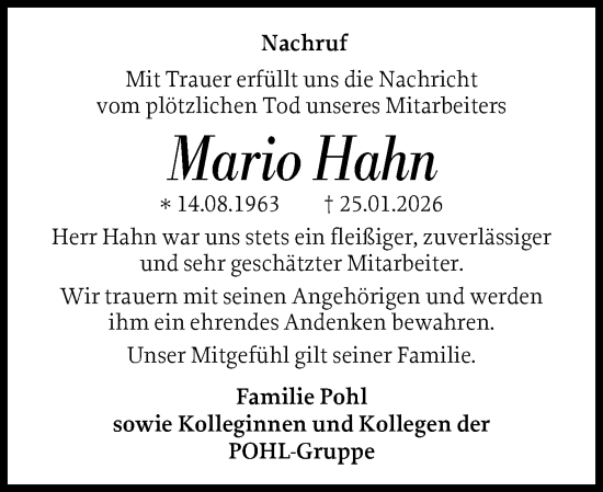 Traueranzeige von Mario Hahn von Schleswig-Holsteinische Landeszeitung