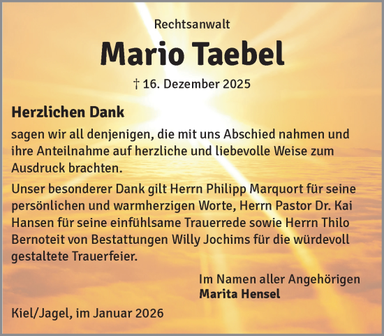 Traueranzeige von Mario Taebel von Schleswiger Nachrichten, Schlei-Bote