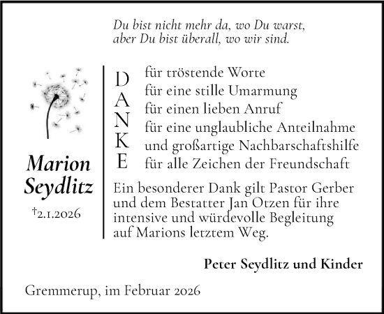 Traueranzeige von Marion Seydlitz von Flensburger Tageblatt