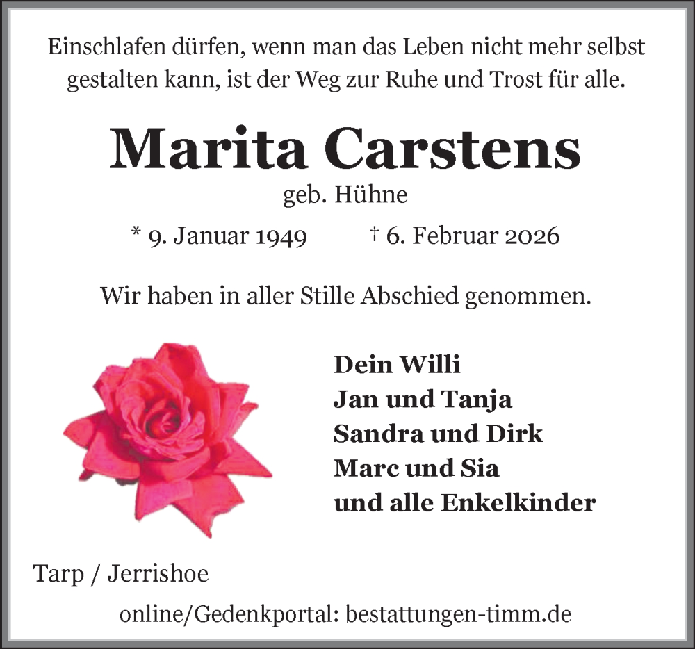  Traueranzeige für Marita Carstens vom 14.02.2026 aus Flensburger Tageblatt