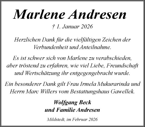 Traueranzeige von Marlene Andresen von Husumer Nachrichten, Nordfriesland Tageblatt