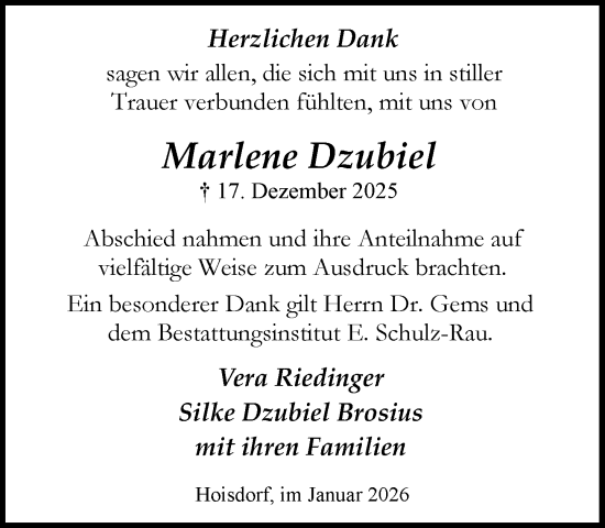 Traueranzeige von Marlene Dzubiel von MARKT Ahrensburg/Bargteheide/Trittau und Stormarner Tageblatt