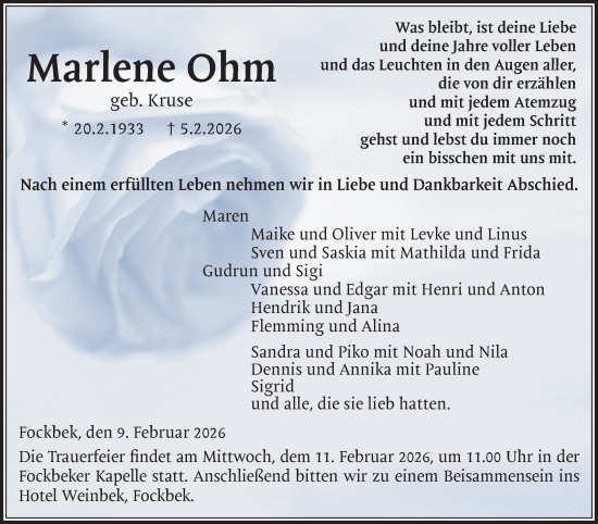 Traueranzeige von Marlene Ohm von Schleswig-Holsteinische Landeszeitung
