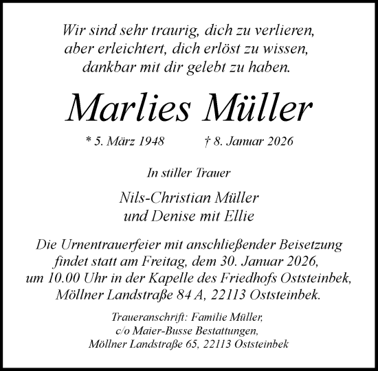 Traueranzeige von Marlies Müller von MARKT Glinde/Reinfeld