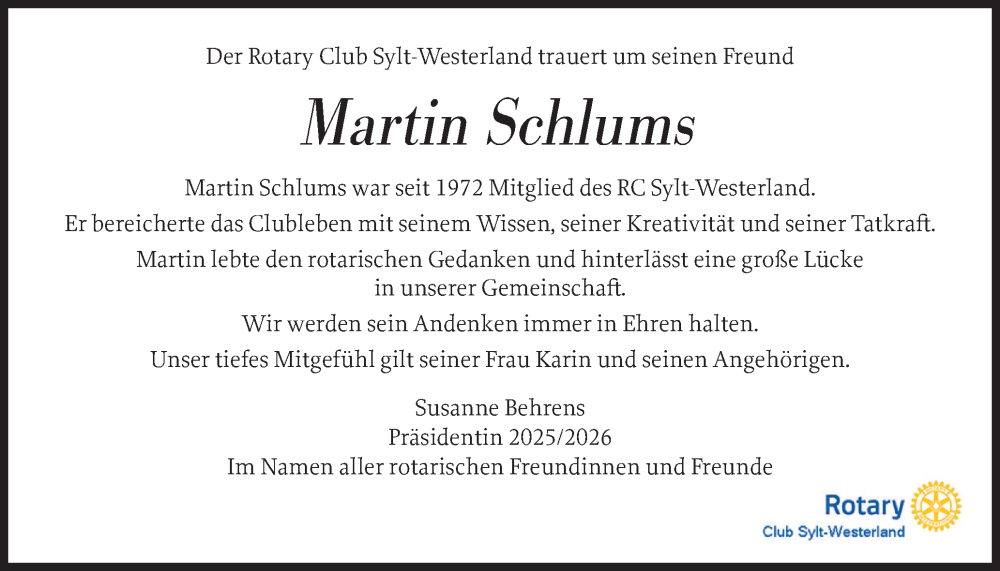  Traueranzeige für Martin Schlums vom 13.02.2026 aus Sylter Rundschau