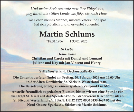 Traueranzeige von Martin Schlums von Sylter Rundschau